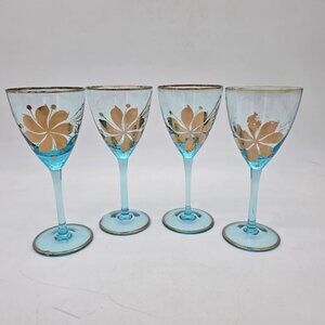 Vintage Romanian Blue Stemmed Wine Glasses With Gold Floral Design Set Of 4